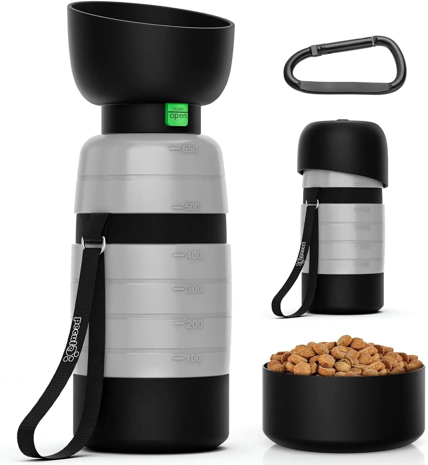 650ML Dog Water Bottle with 150ml Food Container, Dog Travel Water Bottle Dispenser, Pet Bowl for Outdoor Walking Hiking Camping