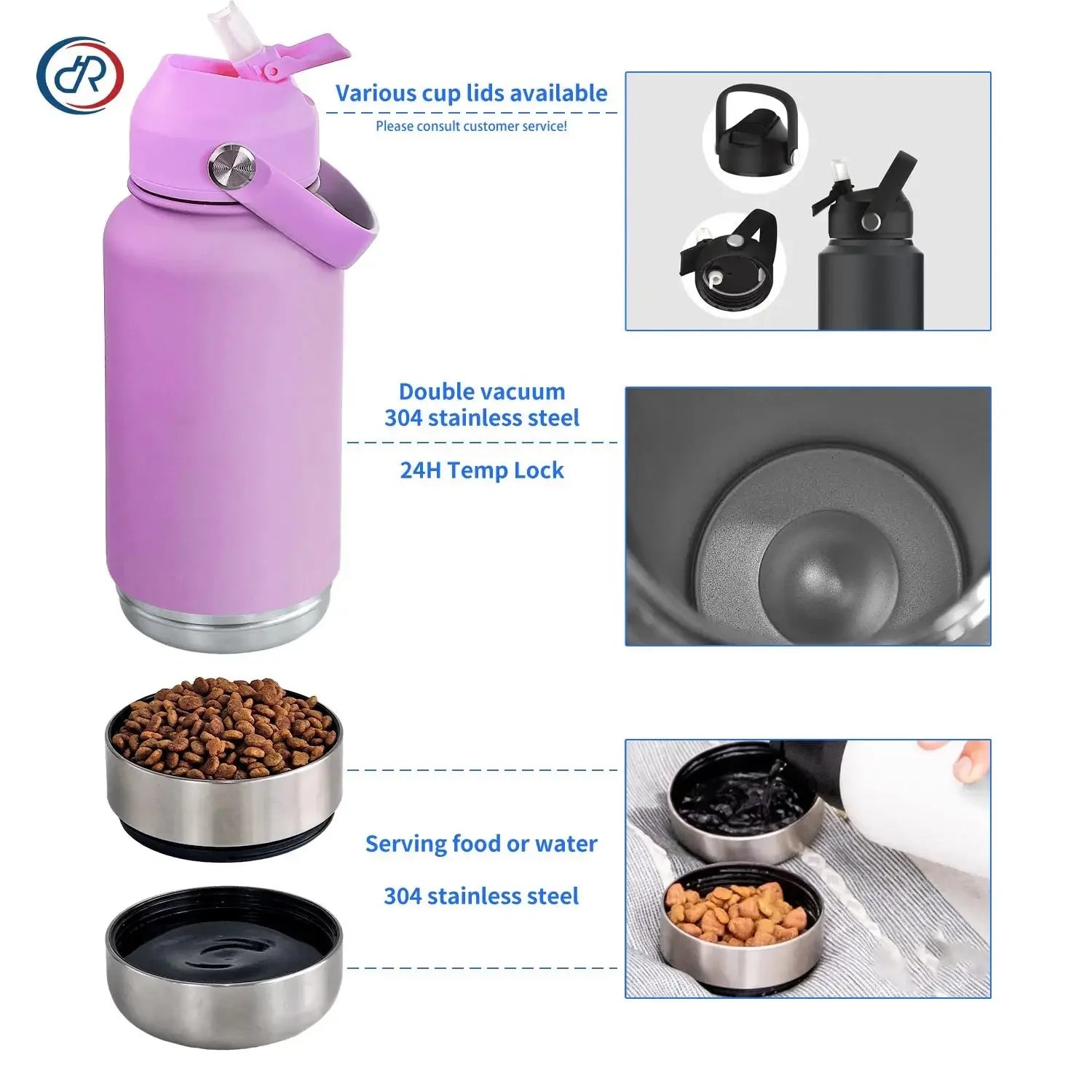 Reusable 24Oz 32Oz 64Oz Portable Water Bottle Pet Feeder Travel Bowl Dog Thermal Bottle With Dog Harness Set