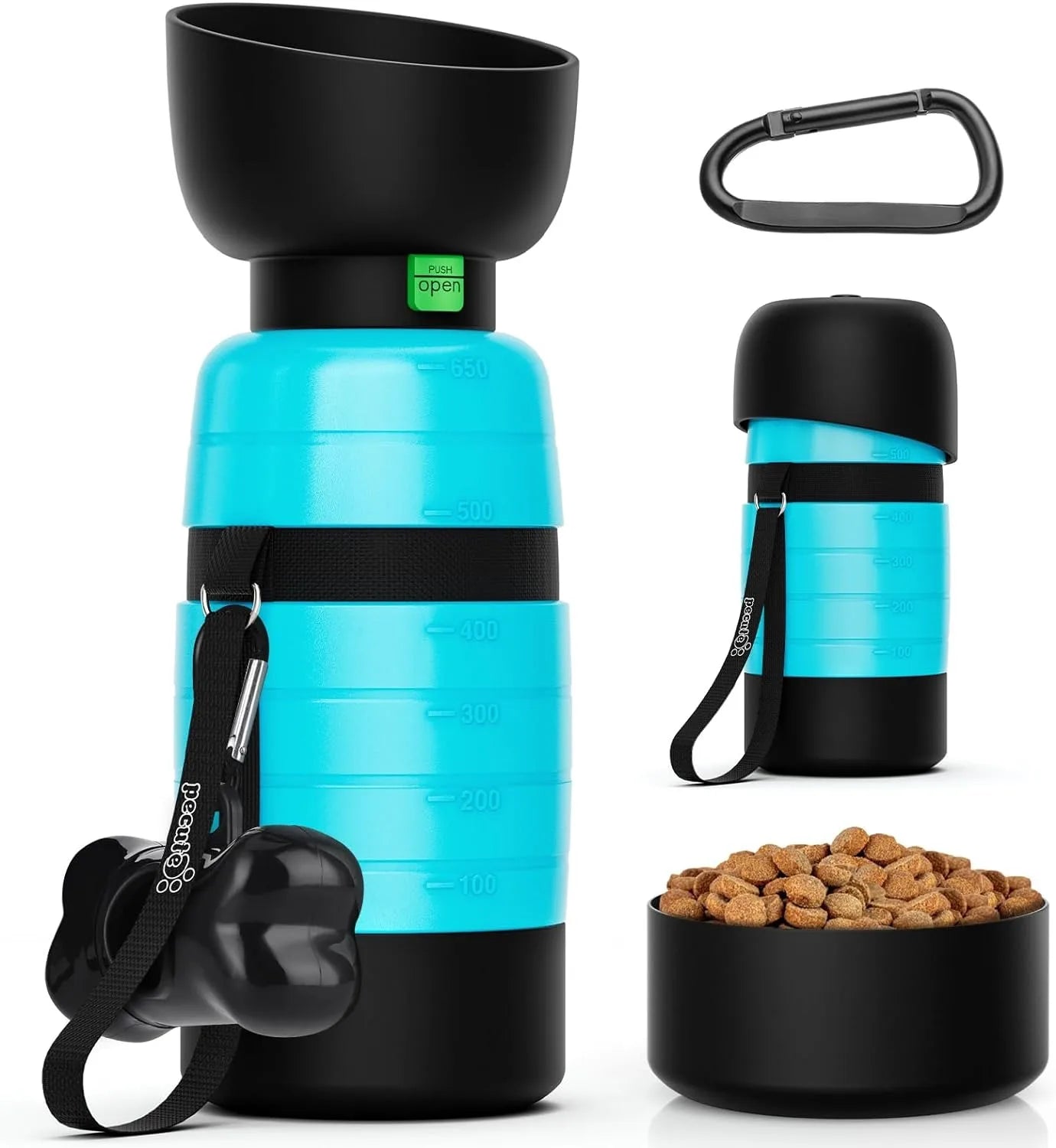 650ML Dog Water Bottle with 150ml Food Container, Dog Travel Water Bottle Dispenser, Pet Bowl for Outdoor Walking Hiking Camping