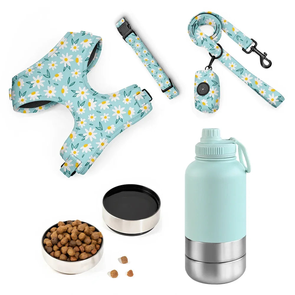 Reusable 24Oz 32Oz 64Oz Portable Water Bottle Pet Feeder Travel Bowl Dog Thermal Bottle With Dog Harness Set