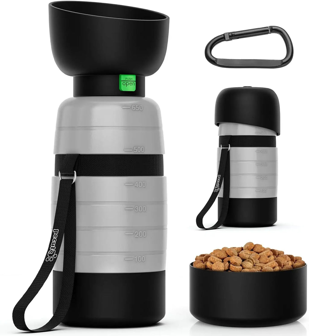 650ML Dog Water Bottle with 150ml Food Container, Dog Travel Water Bottle Dispenser, Pet Bowl for Outdoor Walking Hiking Camping