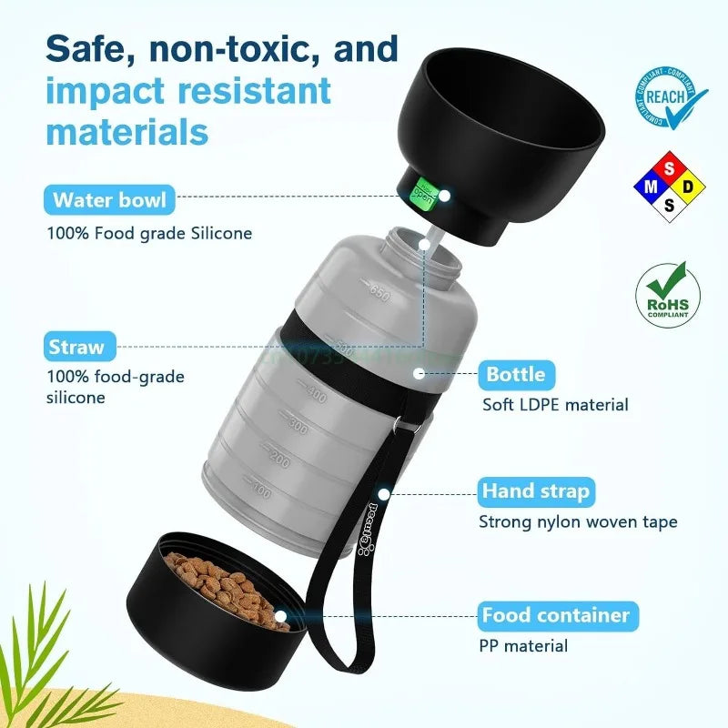 650ML Dog Water Bottle with 150ml Food Container, Dog Travel Water Bottle Dispenser, Pet Bowl for Outdoor Walking Hiking Camping