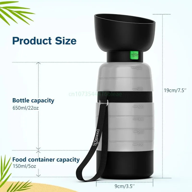 650ML Dog Water Bottle with 150ml Food Container, Dog Travel Water Bottle Dispenser, Pet Bowl for Outdoor Walking Hiking Camping