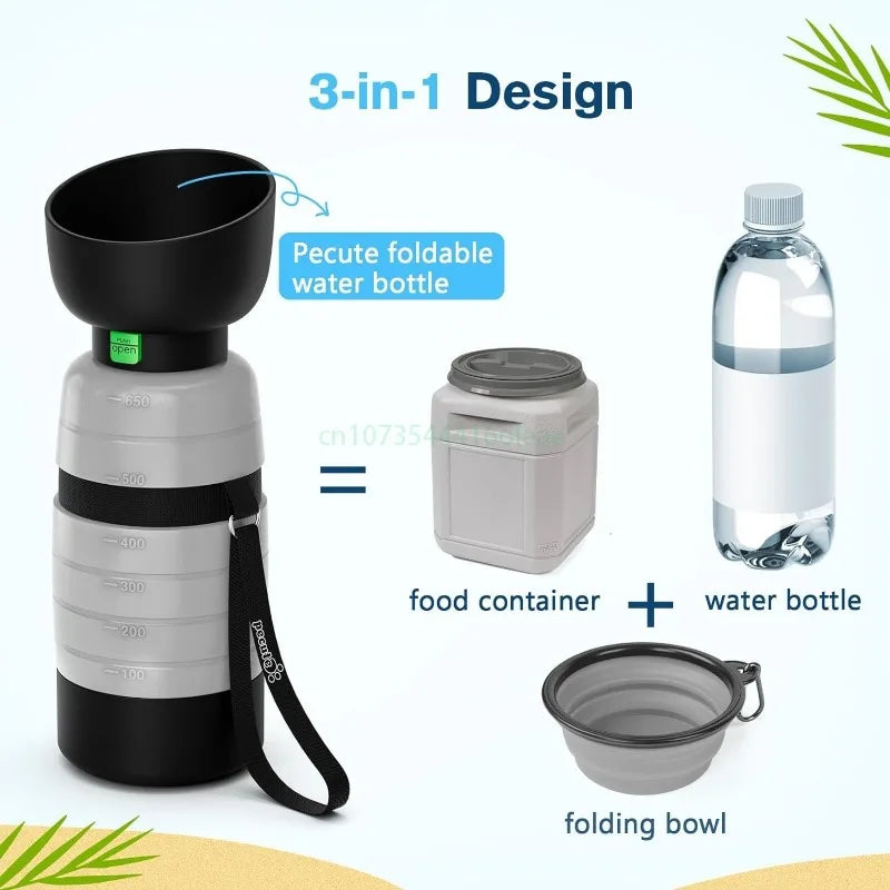 650ML Dog Water Bottle with 150ml Food Container, Dog Travel Water Bottle Dispenser, Pet Bowl for Outdoor Walking Hiking Camping
